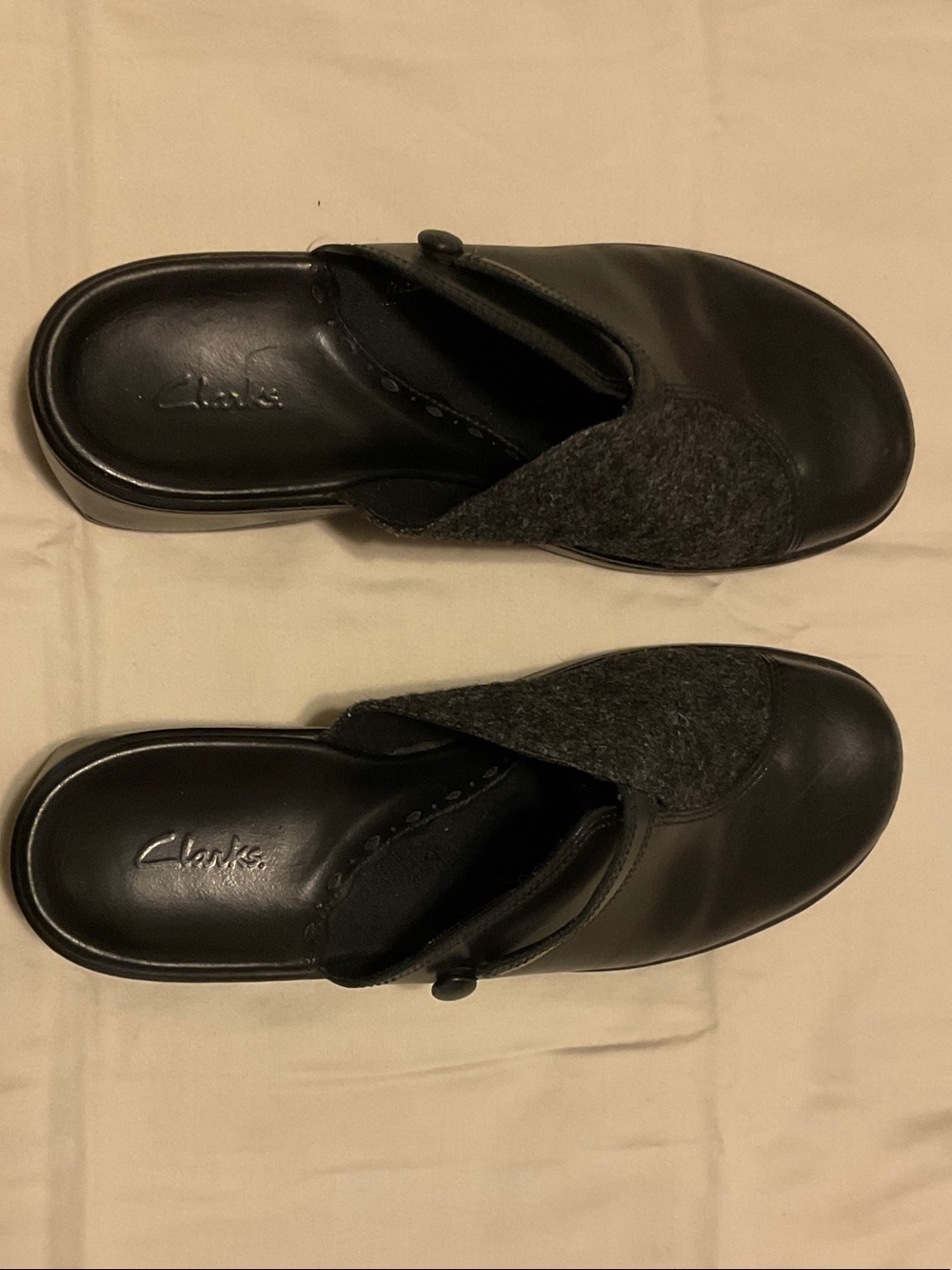 Clarks Black Leather and Gray Felt Slip-On Clogs